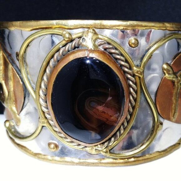 Brown Gemstone Mixed Metal Handmade Cuff Bracelet, 6 3/8 Inches - Picture 8 of 10